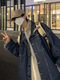 FOESCE Men Vintage Cartoon Printed Denim Jacket Top Cute Spring Autumn Chic Male Unisex Loose Jeans Coat Casual Overcoat Outerwear