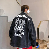FOESCE Men Vintage Cartoon Printed Denim Jacket Top Cute Spring Autumn Chic Male Unisex Loose Jeans Coat Casual Overcoat Outerwear