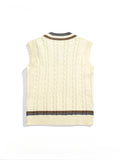 FOESCE Men's British Retro College Style Color Block V-neck Sleeveless Knitted Vests Autumn Winter Versatile Layered Sweater Waistcoat