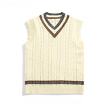FOESCE Men's British Retro College Style Color Block V-neck Sleeveless Knitted Vests Autumn Winter Versatile Layered Sweater Waistcoat