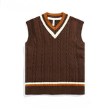 FOESCE Men's British Retro College Style Color Block V-neck Sleeveless Knitted Vests Autumn Winter Versatile Layered Sweater Waistcoat