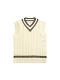 FOESCE Men's British Retro College Style Color Block V-neck Sleeveless Knitted Vests Autumn Winter Versatile Layered Sweater Waistcoat