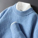 FOESCE Men's Cashmere Sweater Loose and Thick Jacquard Crewneck Sweater Autumn and Winter New Solid Color Men's Knit Bottom Sweater