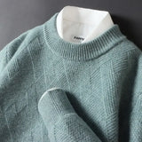FOESCE Men's Cashmere Sweater Loose and Thick Jacquard Crewneck Sweater Autumn and Winter New Solid Color Men's Knit Bottom Sweater
