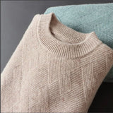 FOESCE Men's Cashmere Sweater Loose and Thick Jacquard Crewneck Sweater Autumn and Winter New Solid Color Men's Knit Bottom Sweater