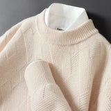 FOESCE Men's Cashmere Sweater Loose and Thick Jacquard Crewneck Sweater Autumn and Winter New Solid Color Men's Knit Bottom Sweater