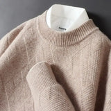 FOESCE Men's Cashmere Sweater Loose and Thick Jacquard Crewneck Sweater Autumn and Winter New Solid Color Men's Knit Bottom Sweater