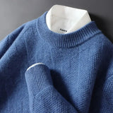 FOESCE Men's Cashmere Sweater Loose and Thick Jacquard Crewneck Sweater Autumn and Winter New Solid Color Men's Knit Bottom Sweater