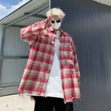 FOESCE Men's Casual Plaid Shirt Long Sleeve For Spring Autumn American Style Trendy Brand Loose Fit Jacket Youth Fashion