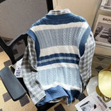 FOESCE Men's Clothing Japanese Style Striped Embroidery Vintage All Match Sweater Vest Casual V Neck Sleeveless Loose Knitted Waistcoat
