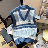 FOESCE Men's Clothing Japanese Style Striped Embroidery Vintage All Match Sweater Vest Casual V Neck Sleeveless Loose Knitted Waistcoat
