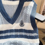 FOESCE Men's Clothing Japanese Style Striped Embroidery Vintage All Match Sweater Vest Casual V Neck Sleeveless Loose Knitted Waistcoat