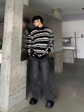 FOESCE Men's Clothing Mohair Black And White Striped Design Plush Sweater Autumn And Winter Knitwear Top pullover pull homme hiver