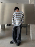FOESCE Men's Clothing Mohair Black And White Striped Design Plush Sweater Autumn And Winter Knitwear Top pullover pull homme hiver