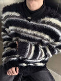 FOESCE Men's Clothing Mohair Black And White Striped Design Plush Sweater Autumn And Winter Knitwear Top pullover pull homme hiver