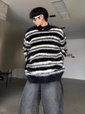 FOESCE Men's Clothing Mohair Black And White Striped Design Plush Sweater Autumn And Winter Knitwear Top pullover pull homme hiver
