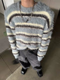 FOESCE Men's Clothing Mohair Black And White Striped Design Plush Sweater Autumn And Winter Knitwear Top pullover pull homme hiver
