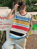 FOESCE Men's Clothing Waistcoat Crewneck Knit Sweater Male Vest Striped Sleeveless Round Collar Korean Fashion High Quality Replica Old