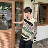 FOESCE Men's Clothing Waistcoat Crewneck Knit Sweater Male Vest Striped Sleeveless Round Collar Korean Fashion High Quality Replica Old