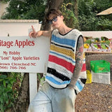 FOESCE Men's Clothing Waistcoat Crewneck Knit Sweater Male Vest Striped Sleeveless Round Collar Korean Fashion High Quality Replica Old