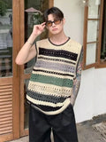 FOESCE Men's Clothing Waistcoat Crewneck Knit Sweater Male Vest Striped Sleeveless Round Collar Korean Fashion High Quality Replica Old