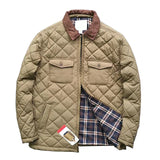 FOESCE Men's Diamond Check Clamp Cotton Jacket Waterproof With Pocket Cargo Coats Vintage Casual Outerwear Male