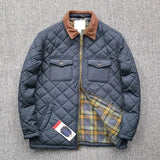 FOESCE Men's Diamond Check Clamp Cotton Jacket Waterproof With Pocket Cargo Coats Vintage Casual Outerwear Male