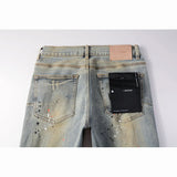 FOESCE Men's Distressed Faded Blue Skinny Button Fly Americans High Street Style Slim Fit Graffiti Ripped Holes Patchwork Jeans