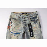 FOESCE Men's Distressed Faded Blue Skinny Button Fly Americans High Street Style Slim Fit Graffiti Ripped Holes Patchwork Jeans