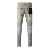 FOESCE Men's Distressed Faded Blue Skinny Button Fly Americans High Street Style Slim Fit Graffiti Ripped Holes Patchwork Jeans