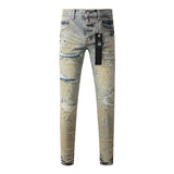 FOESCE Men's Distressed Faded Blue Skinny Button Fly Americans High Street Style Slim Fit Graffiti Ripped Holes Patchwork Jeans