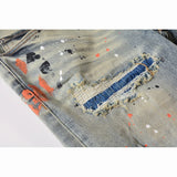 FOESCE Men's Distressed Faded Blue Skinny Button Fly Americans High Street Style Slim Fit Graffiti Ripped Holes Patchwork Jeans