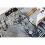 FOESCE Men's Distressed Faded Blue Skinny Button Fly Americans High Street Style Slim Fit Graffiti Ripped Holes Patchwork Jeans