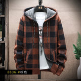 FOESCE Men's Fleece Warm Cardigan Plaid Sweater Hooded Winter Clothes Korean Knit Coat Full Zip Cardigans Jacket Fashion Jumper