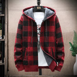 FOESCE Men's Fleece Warm Cardigan Plaid Sweater Hooded Winter Clothes Korean Knit Coat Full Zip Cardigans Jacket Fashion Jumper