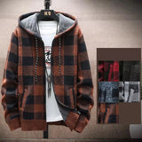 FOESCE Men's Fleece Warm Cardigan Plaid Sweater Hooded Winter Clothes Korean Knit Coat Full Zip Cardigans Jacket Fashion Jumper