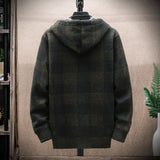 FOESCE Men's Fleece Warm Cardigan Plaid Sweater Hooded Winter Clothes Korean Knit Coat Full Zip Cardigans Jacket Fashion Jumper