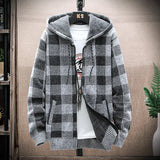FOESCE Men's Fleece Warm Cardigan Plaid Sweater Hooded Winter Clothes Korean Knit Coat Full Zip Cardigans Jacket Fashion Jumper