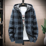 FOESCE Men's Fleece Warm Cardigan Plaid Sweater Hooded Winter Clothes Korean Knit Coat Full Zip Cardigans Jacket Fashion Jumper