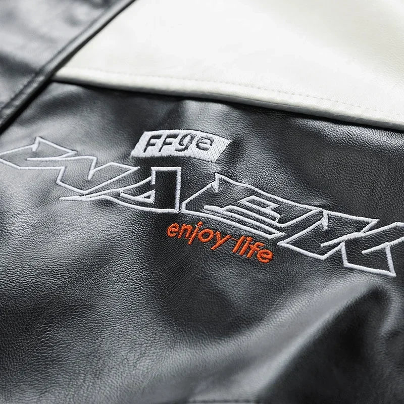 FOESCE Men's Leather Clothing 2024 Autumn New patchwork Color Trend Print Outdoor Cycling Motorcycle Suit Men Versatile Leather Jacket