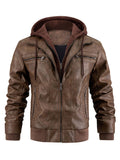 FOESCE Men's Leather Jacket Motorcycle Slim Fit Hooded PU Coat Top Autumn Winter Casual Windproof Men's Clothing Detachable Hat S-XXXL