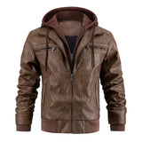 FOESCE Men's Leather Jacket Motorcycle Slim Fit Hooded PU Coat Top Autumn Winter Casual Windproof Men's Clothing Detachable Hat S-XXXL