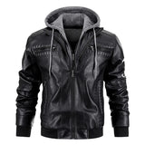FOESCE Men's Leather Jacket Motorcycle Slim Fit Hooded PU Coat Top Autumn Winter Casual Windproof Men's Clothing Detachable Hat S-XXXL