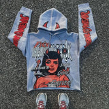 FOESCE Men's Letters and Patten Printed Hoodies Autumn Y2k Retro Sweatshirts Loose Casual Punk Harajuku Long Sleeve Pullovers Clothes