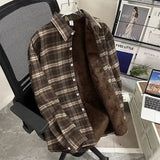 Men's Long Sleeve Fleece-lined Plaid Shirt American Style Vintage Casual Trendy Loose-fit Jacket For Autumn Winter