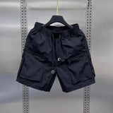 FOESCE Men's Retro Multi Pocket Cargo Shorts Summer Thin Loose Straight Casual Outerwear Capris Solid Color Drawstring Short Pants