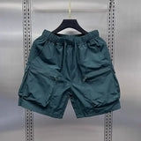 FOESCE Men's Retro Multi Pocket Cargo Shorts Summer Thin Loose Straight Casual Outerwear Capris Solid Color Drawstring Short Pants