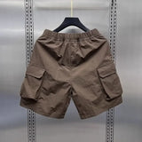 FOESCE Men's Retro Multi Pocket Cargo Shorts Summer Thin Loose Straight Casual Outerwear Capris Solid Color Drawstring Short Pants
