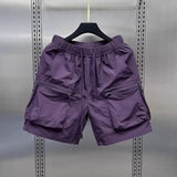 FOESCE Men's Retro Multi Pocket Cargo Shorts Summer Thin Loose Straight Casual Outerwear Capris Solid Color Drawstring Short Pants