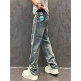FOESCE Men's Trendy Letter Print Washed Blue Straight Denim Pants Summer Simple Casual Streetwear Pockets Loose Jeans Pantalones Hombre